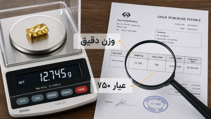 تطبیق وزن و فاکتور و اطلاعات محصول طلای آب شده